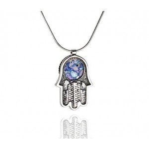 Hamsa Pendant in Sterling Silver & Roman Glass with Jerusalem Motif Rafael Jewelry Designer