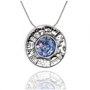 Round Roman Glass Pendant in Sterling Silver with Jerusalem Motif Rafael Jewelry Designer Ocasiones Judías
