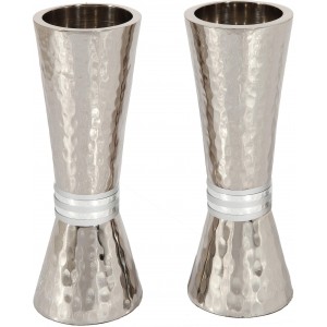 Hammered Nickel Shabbat Candlesticks in Cone Shape with White Ring by Yair Emanuel Candelabros