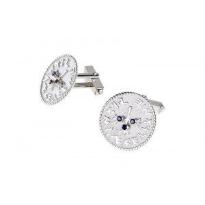 Silver Shekel Cufflinks with Holy Jerusalem Engraving in Ancient Hebrew & Sapphire by Rafael Jewelry