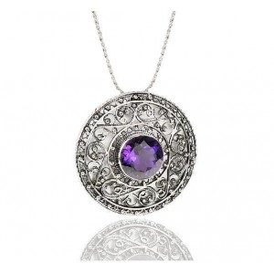 Round Pendant in Sterling Silver with Amethyst and Filigree Design by Rafael Jewelry Collares y Colgantes
