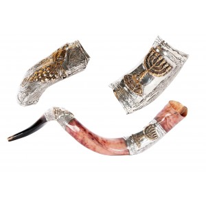 Polished Yemenite Horn Shofar with Silver Menorah & Grapevines by Barsheshet-Ribak Ocasiones Judías