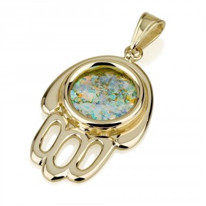 Hamsa Pendant Roman Glass in 14K Gold by Ben Jewelry Israeli Jewelry Designers