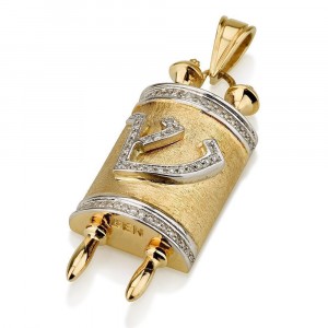 Torah Scroll Pendant with Diamonds 18K Yellow Gold Ben Jewelry Israeli Jewelry Designers