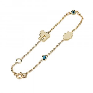 Chai and Evil Eye Bracelet in 14K Yellow Gold By Ben Jewelry Israeli Jewelry Designers