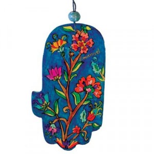 Yair Emanuel Blue Wood Painted Hamsa with Flowers Design Large Artistas y Marcas