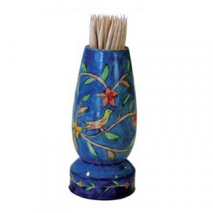 Yair Emanuel Hand Painted Toothpick Stand with Birds and Branches in Wood Rosh Hashana