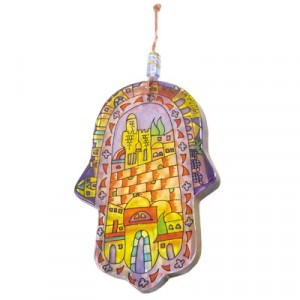 Painted Glass Hamsa with a Scene of Jerusalem by Yair Emanuel
