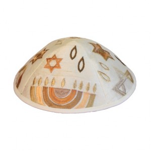 Yair Emanuel Gold and White Silk Machine Embroidered Kippah Judaica Moderna