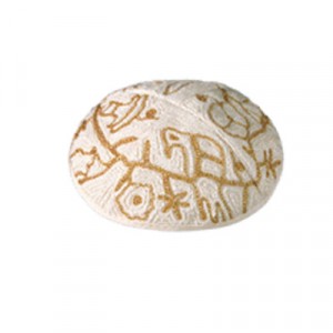 Yair Emanuel White and Gold Cotton Hand Embroidered Kippah with Bird Motif Ocasiones Judías