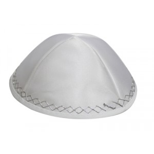 White Terylene Kippah with Four Sections and Silver Diamond Shapes Default Category