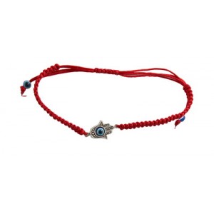 Red Knitted Kabbalah Bracelet with Beads and Small Hamsa Joyería Judía