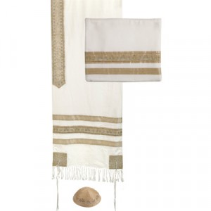 Gold Stripes Matching Tallit with Bag and Kippa by Yair Emanuel Judaica Moderna