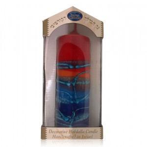 Safed Candles Pillar Havdalah Candle with Red, Blue, Orange and Purple Stripes