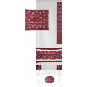 Yair Emanuel Raw Silk Tallit Set with Red Rainbows, Stars of David and Hebrew Text Yair Emanuel