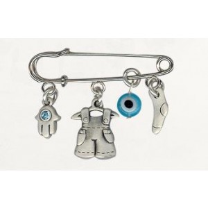 Baby Diaper Pin with Silver Clothing and Hamsa Charms and Swarovski Crystals Ocasiones Judías