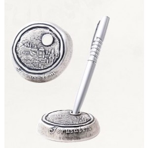Silver Pen Holder with Old City of Jerusalem Medallion and Important Landmarks Casa Judía
