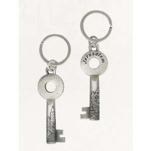 Silver Keychain with Skeleton Key Design, Jerusalem Image and English Text Default Category