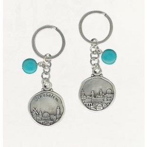 Round Silver Keychain with Jerusalem Depiction and Turquoise Gemstones Souvenirs From Israel
