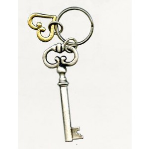Brass Keychain with Large Skeleton Key and Silver Heart Charm Danon