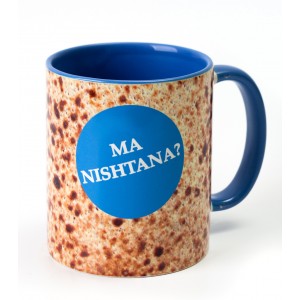 Blue Ceramic Mug with English Text and Images of Matzah by Barbara Shaw Pesaj
