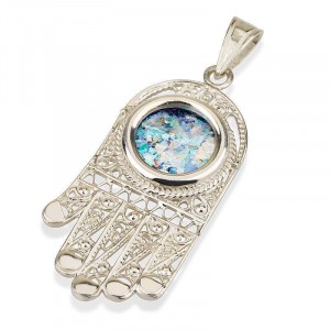 Hamsa Amulet in Silver with Roman Glass Judaíca
