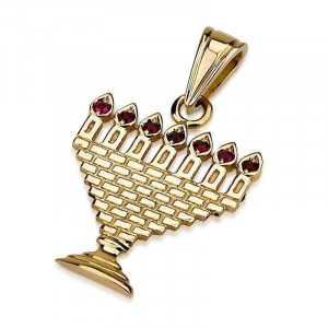Menorah Pendant in 14K Gold and Ruby Gemstones   Israeli Jewelry Designers