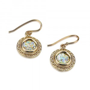 Earrings with Wavy Cord and Roman Glass in 14k Yellow Gold Joyería Judía