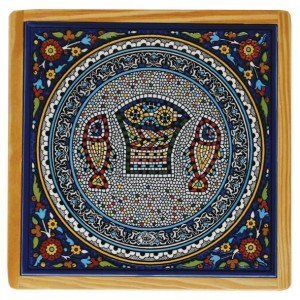Armenian Wooden Trivet with Mosaic Fish & Bread Decoración para el Hogar 