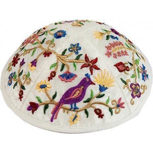 Kippah with Colorful Embroidered Birds & Flowers- Yair Emanuel Judaica Moderna