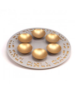 Gold Aluminum Seder Plate with Hebrew Text and Six Bowls Ocasiones Judías