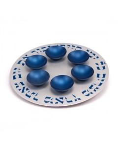 Blue Aluminum Seder Plate with Hebrew Text and Six Bowls Pesaj

