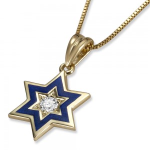 Star of David Pendant in 14k Yellow Gold & Blue Enamel with Center Round Diamond  Star of David Jewelry