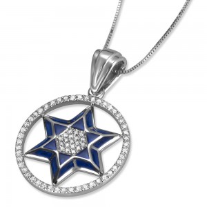 Star of David Pendant in 14K White gold & Blue Enamel with Center Diamonds Star of David Necklaces