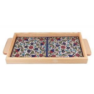 Armenian Ceramic Tray with Wooden Border and Floral Design