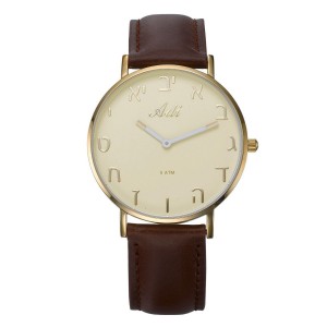 Brown Leather Aleph-Bet Watch - Cream and Gold Face by Adi (Large) Default Category