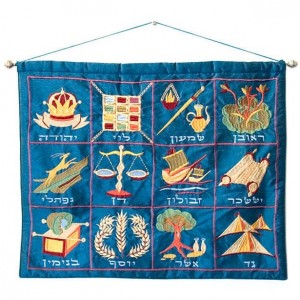 Yair Emanuel Raw Silk Embroidered Wall Decoration with 12 Tribes in Blue Sucot
