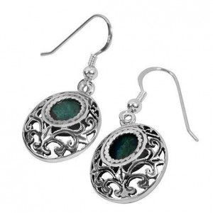 Rafael Jewelry Round Sterling Silver Earrings with Eilat Stone and Vintage Carvings Joyería Judía