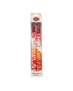 Red, Orange and White Shabbat Candles with White Dripped Lines by Galilee Style Candles Judaíca
