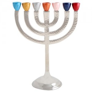 Multicolored Seven-Branched Aluminum Menorah With Hammered Finish Candelabra
