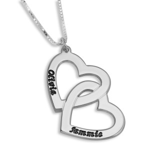 Sterling Silver English/Hebrew Name Necklace With Interlocking Hearts Joyería Judía