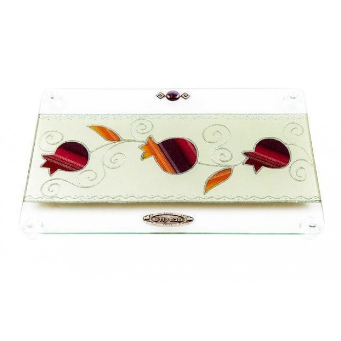 Rectangular Glass Challah Board with Striped Pomegranates