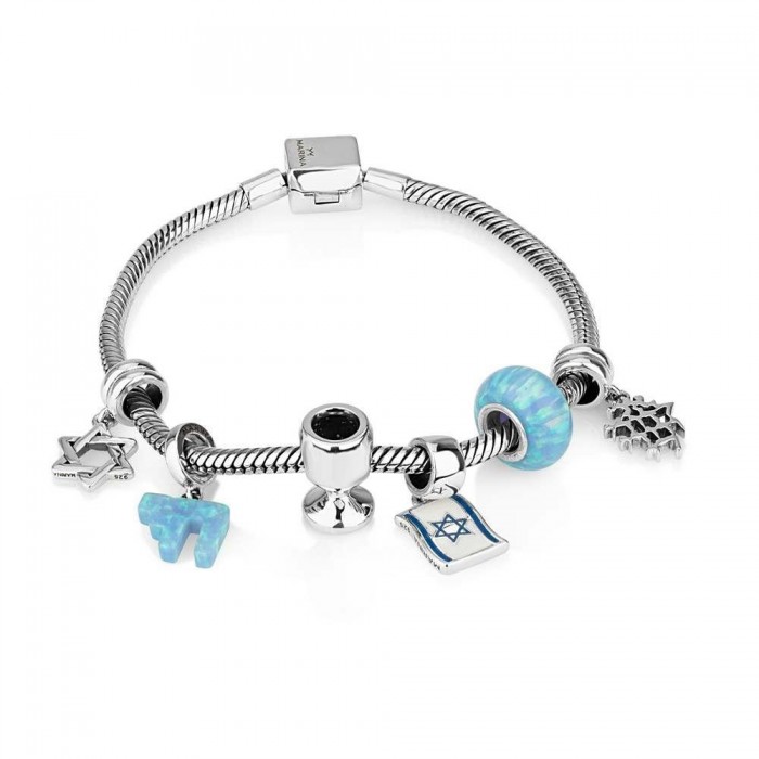 Sterling Silver Jewish Charms Bracelet with Gems