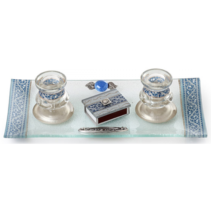 Shabbat Candlestick Set with Ornate Blue and White Motif and Matchbox
