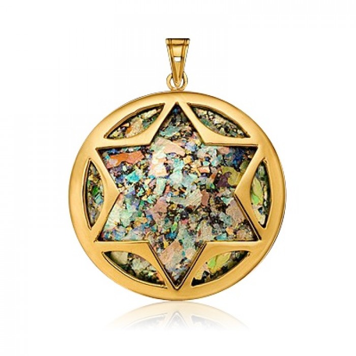 Round Pendant with Star of David Cutout in 14K Yellow Gold and Roman Glass