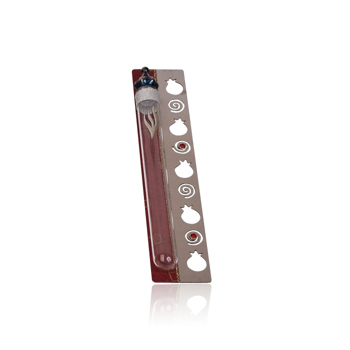 Stainless Steel Mezuzah with Glass Tube, Cutout Pomegranates and Dark Red Stripe
