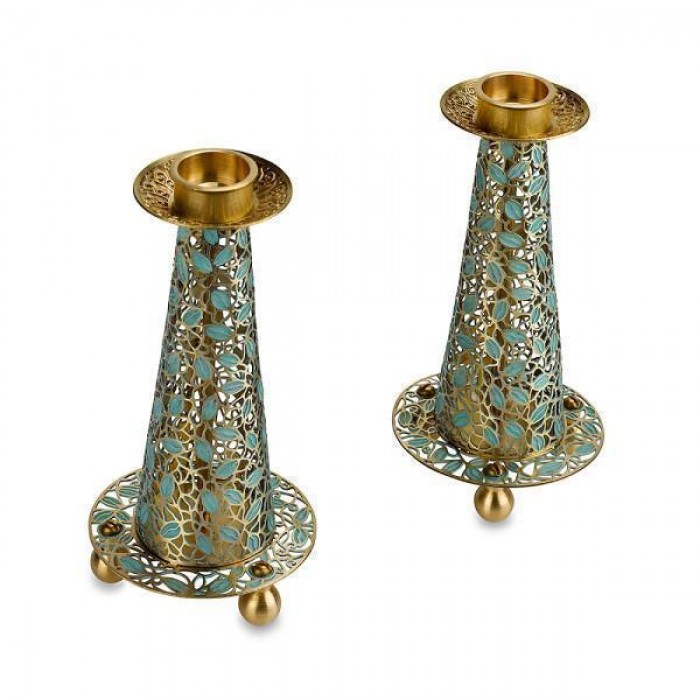 Brass Shabbat Candlestick Set with Patina Leaves and Scrolling Lines