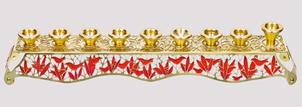 Simple Brass Hanukkah Menorah with Red Doves and Feathers