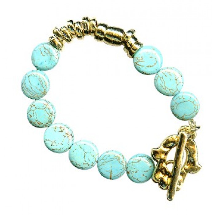 Gold Bracelet with Turquoise Beads & Hamsa Toggle Clasp
