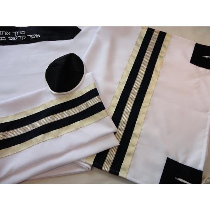 Tallit in White with Black & Gold Stripes by Galilee Silks